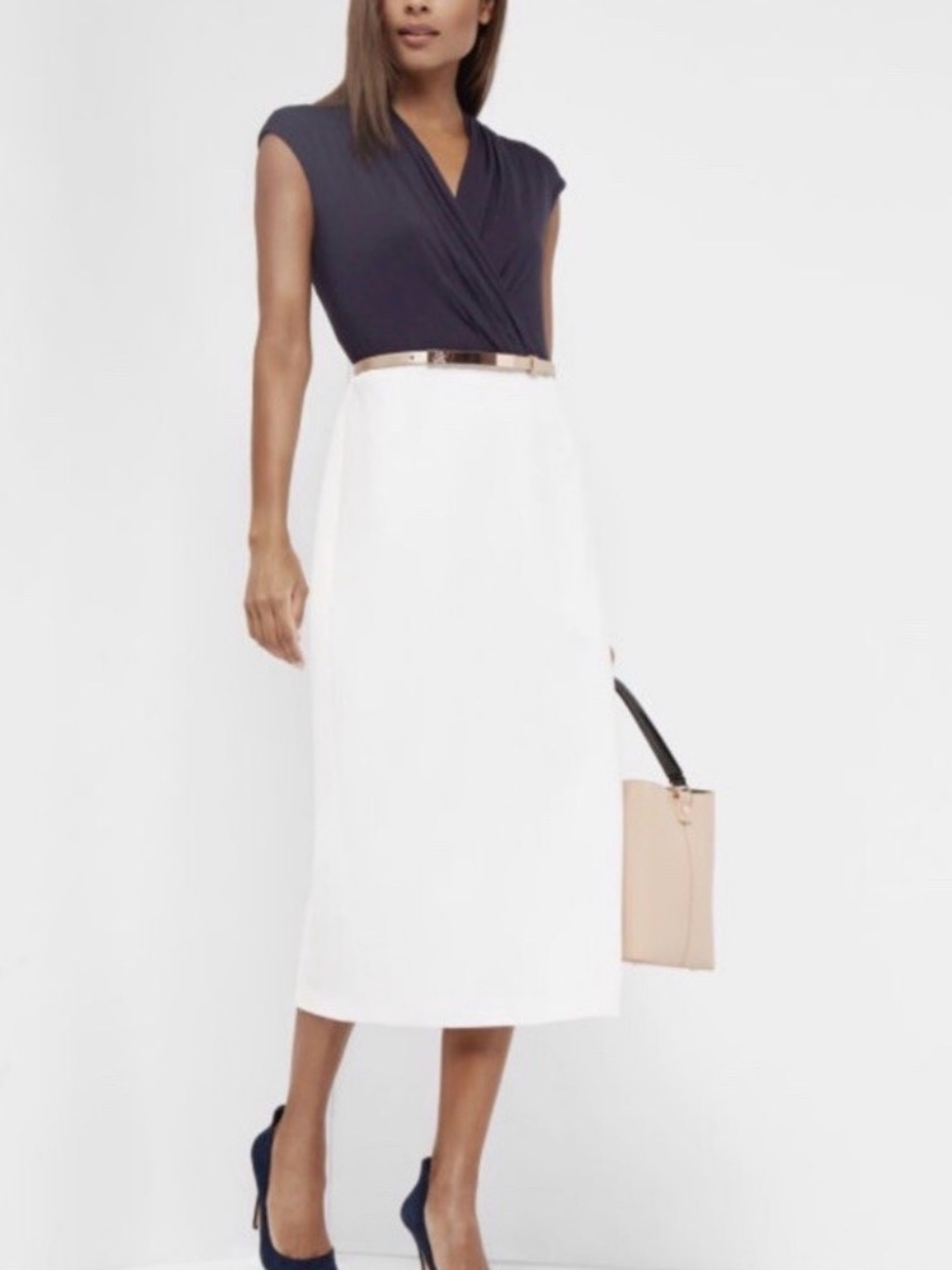 NWT Ted Baker Alfena wrap-front midi dress navy/white
